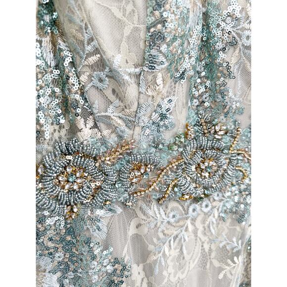 Mac Duggal 67842 Bell Sleeve Floral Seafoam Embellished Gown Dress 8 NWT - Picture 8 of 11